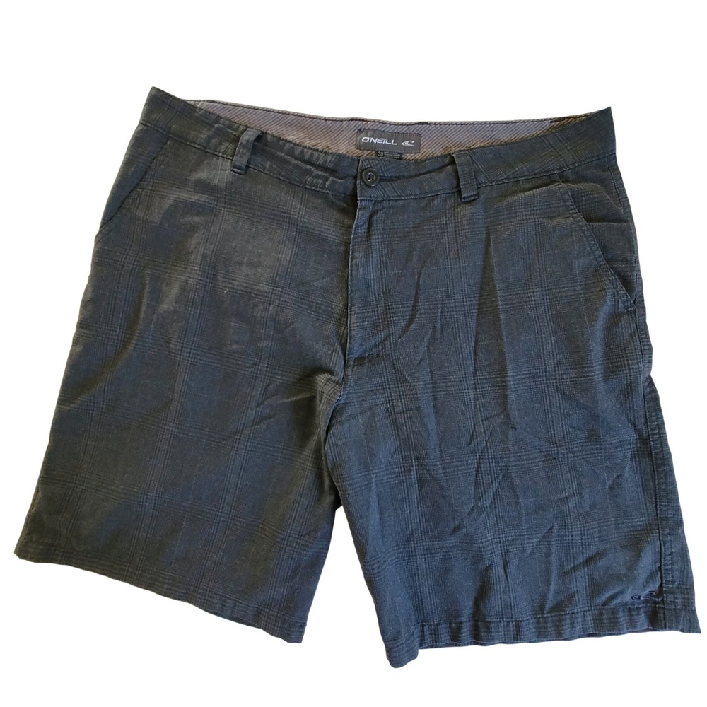 O'Neill Hybrid Walk Shorts Mens 38 Black Glen Plaid Flat Front Casual Surf Skate